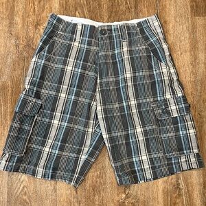 Men's Plaid Cargo Shorts - Black, Gray, White and Blue